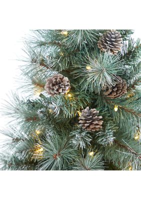 3.5 Foot Frosted Tip British Columbia Mountain Pine Artificial Christmas Tree with 50 Clear Lights, Pine Cones and 112 Bendable Branches in Metal Planter in Gray Planter with Stand