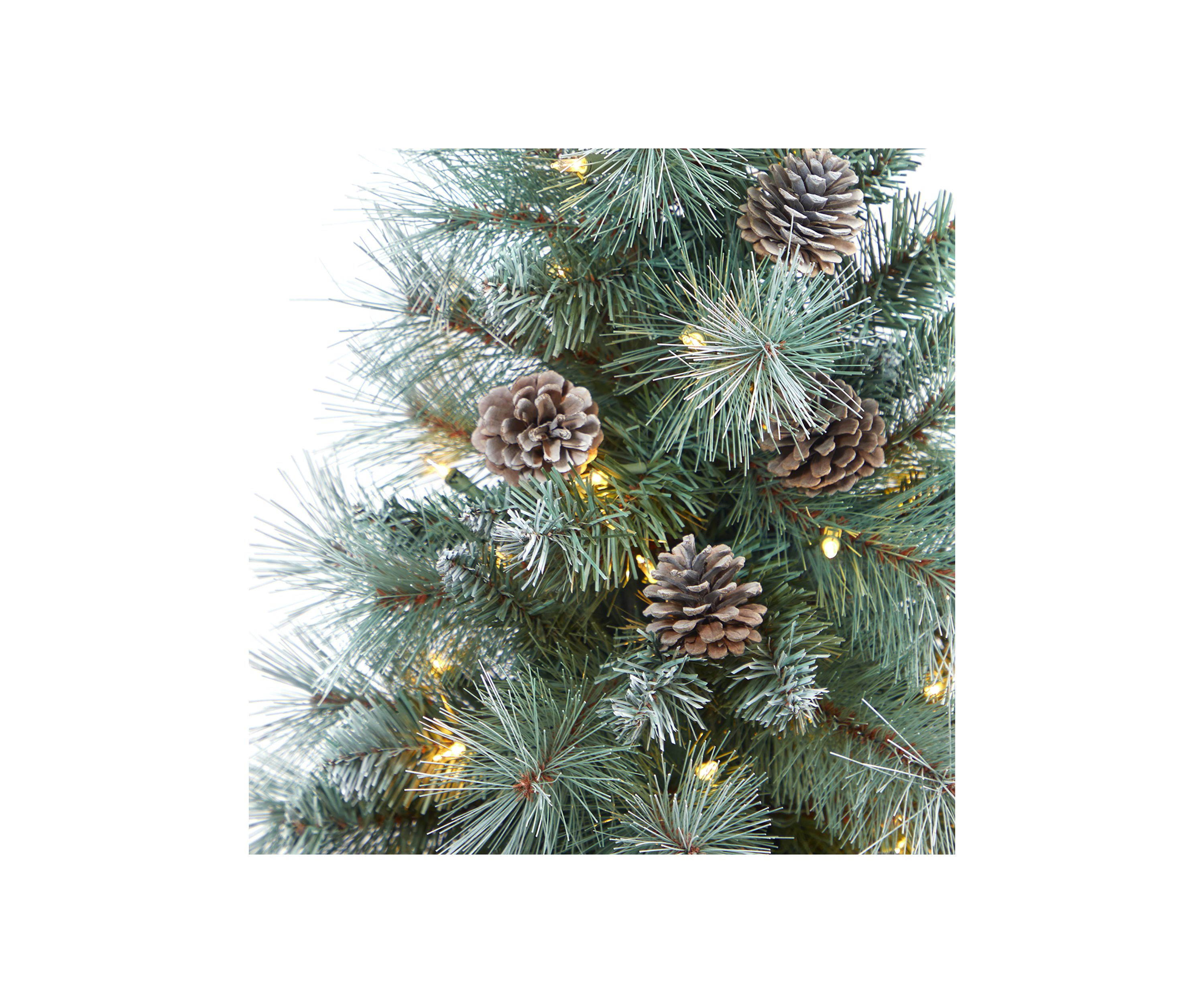 3.5 Foot Frosted Tip British Columbia Mountain Pine Artificial Christmas Tree with 50 Clear Lights, Pine Cones and 112 Bendable Branches in Metal Planter in Gray Planter with Stand