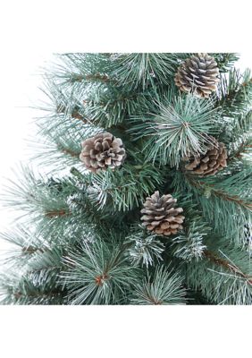 3.5 Foot Frosted Tip British Columbia Mountain Pine Artificial Christmas Tree with 50 Clear Lights, Pine Cones and 112 Bendable Branches in Metal Planter in Gray Planter with Stand