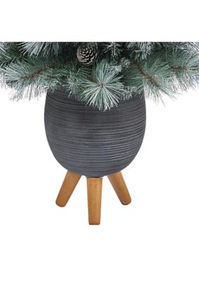 3.5 Foot Frosted Tip British Columbia Mountain Pine Artificial Christmas Tree with 50 Clear Lights, Pine Cones and 112 Bendable Branches in Metal Planter in Gray Planter with Stand