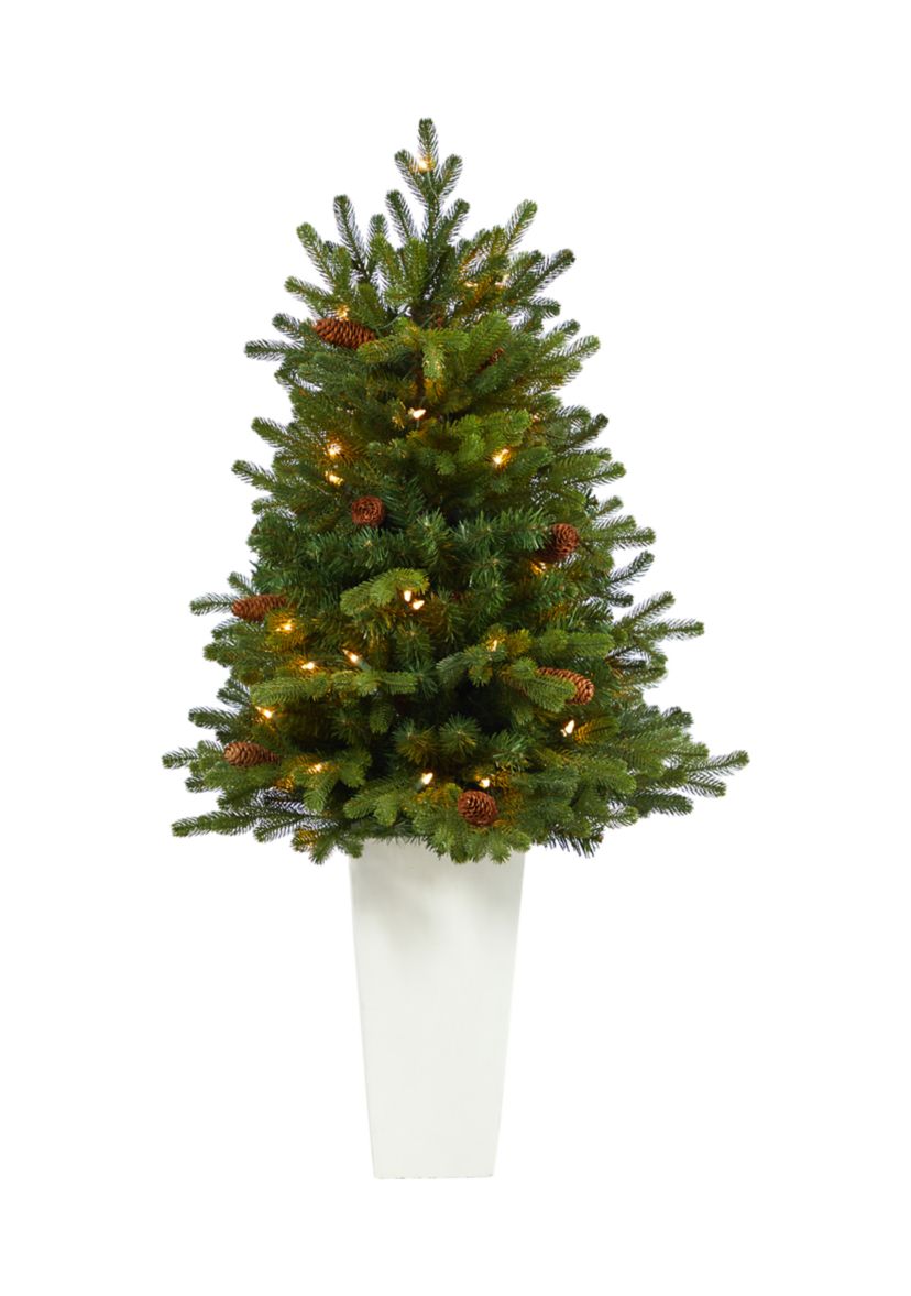 3.5 Foot Yukon Mountain Fir Artificial Christmas Tree with 50 Clear Lights and Pine Cones in White Planter