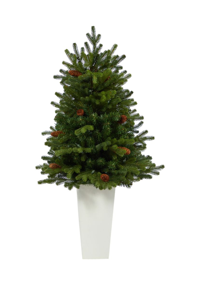 3.5 Foot Yukon Mountain Fir Artificial Christmas Tree with 50 Clear Lights and Pine Cones in White Planter
