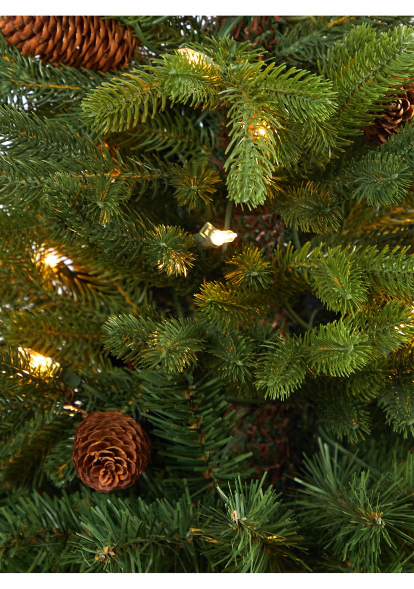 3.5 Foot Yukon Mountain Fir Artificial Christmas Tree with 50 Clear Lights and Pine Cones in White Planter