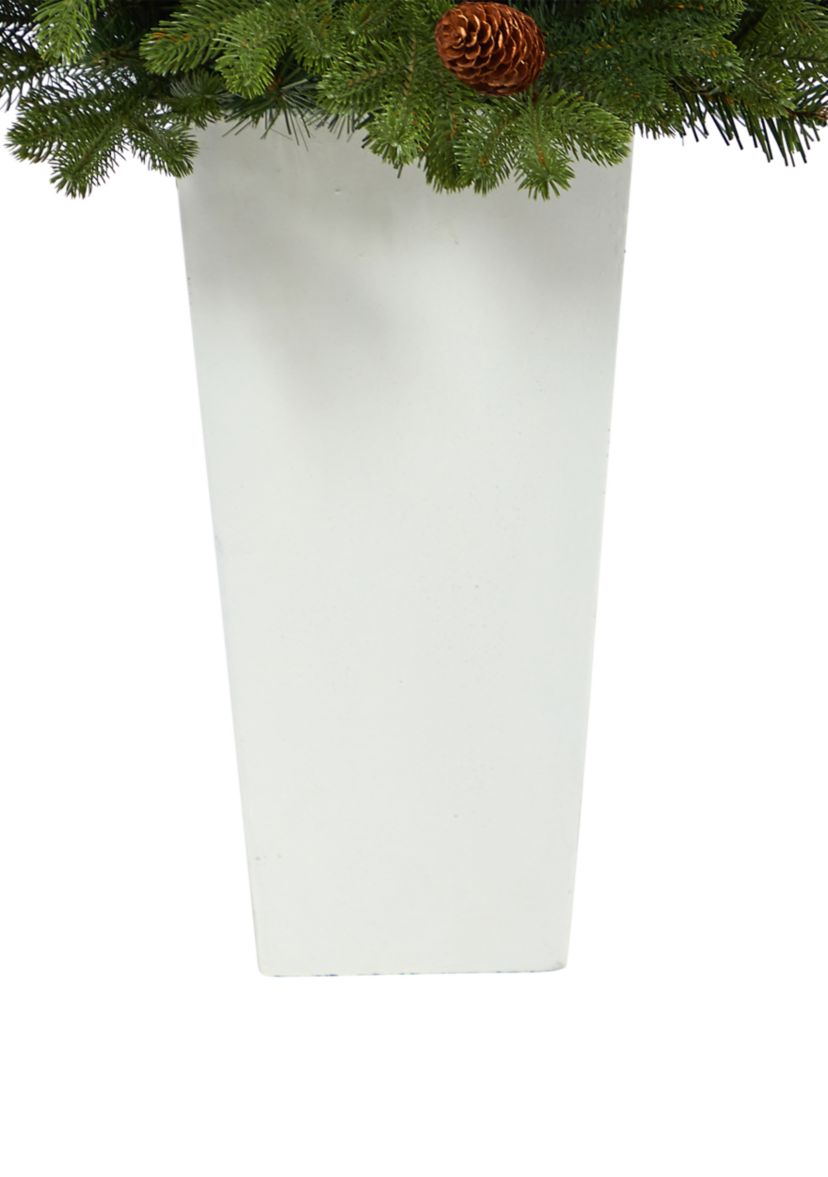 3.5 Foot Yukon Mountain Fir Artificial Christmas Tree with 50 Clear Lights and Pine Cones in White Planter