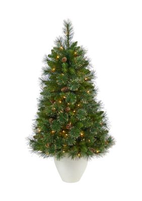 50 Inch Golden Tip Washington Pine Artificial Christmas Tree with 100 Clear Lights, Pine Cones and 336 Bendable Branches in White Planter