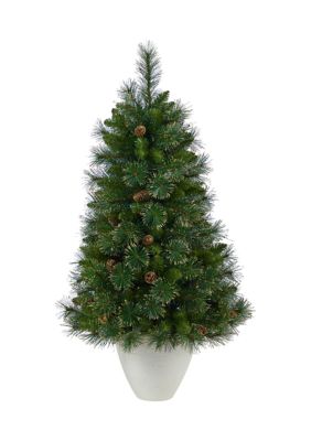 50 Inch Golden Tip Washington Pine Artificial Christmas Tree with 100 Clear Lights, Pine Cones and 336 Bendable Branches in White Planter
