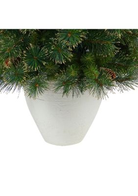 50 Inch Golden Tip Washington Pine Artificial Christmas Tree with 100 Clear Lights, Pine Cones and 336 Bendable Branches in White Planter