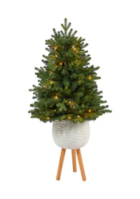4 Foot Washington Fir Artificial Christmas Tree with 50 Clear Lights in White Planter with Decorative Planter Stand