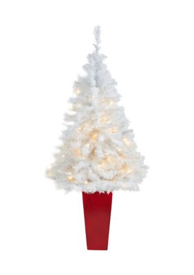 4.5 Foot White Artificial Christmas Tree with 100 Clear LED Lights in Red Planter