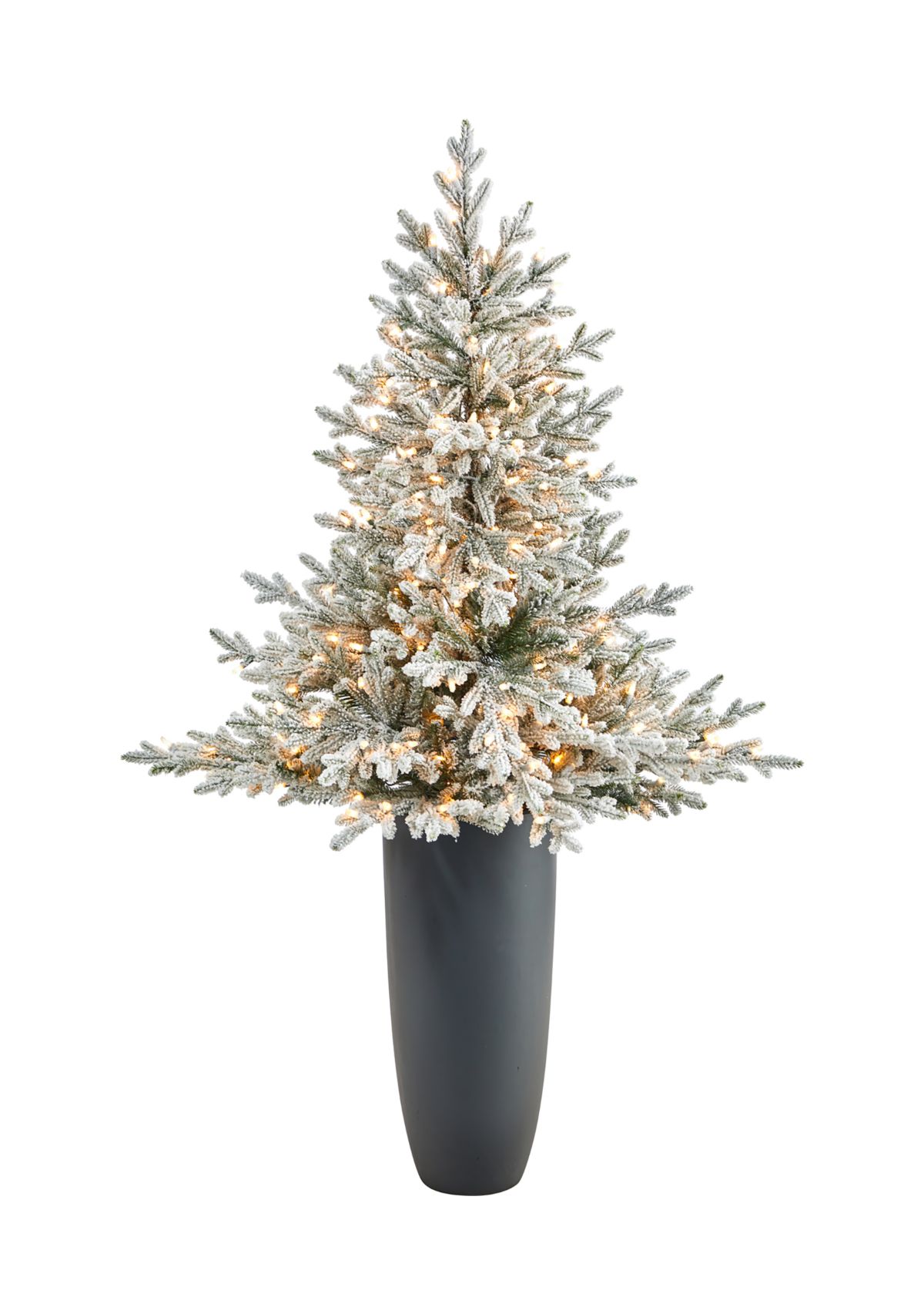 5 Foot Flocked Fraser Fir Artificial Christmas Tree with 300 Warm White Lights and 967 Bendable Branches in Gray Planter