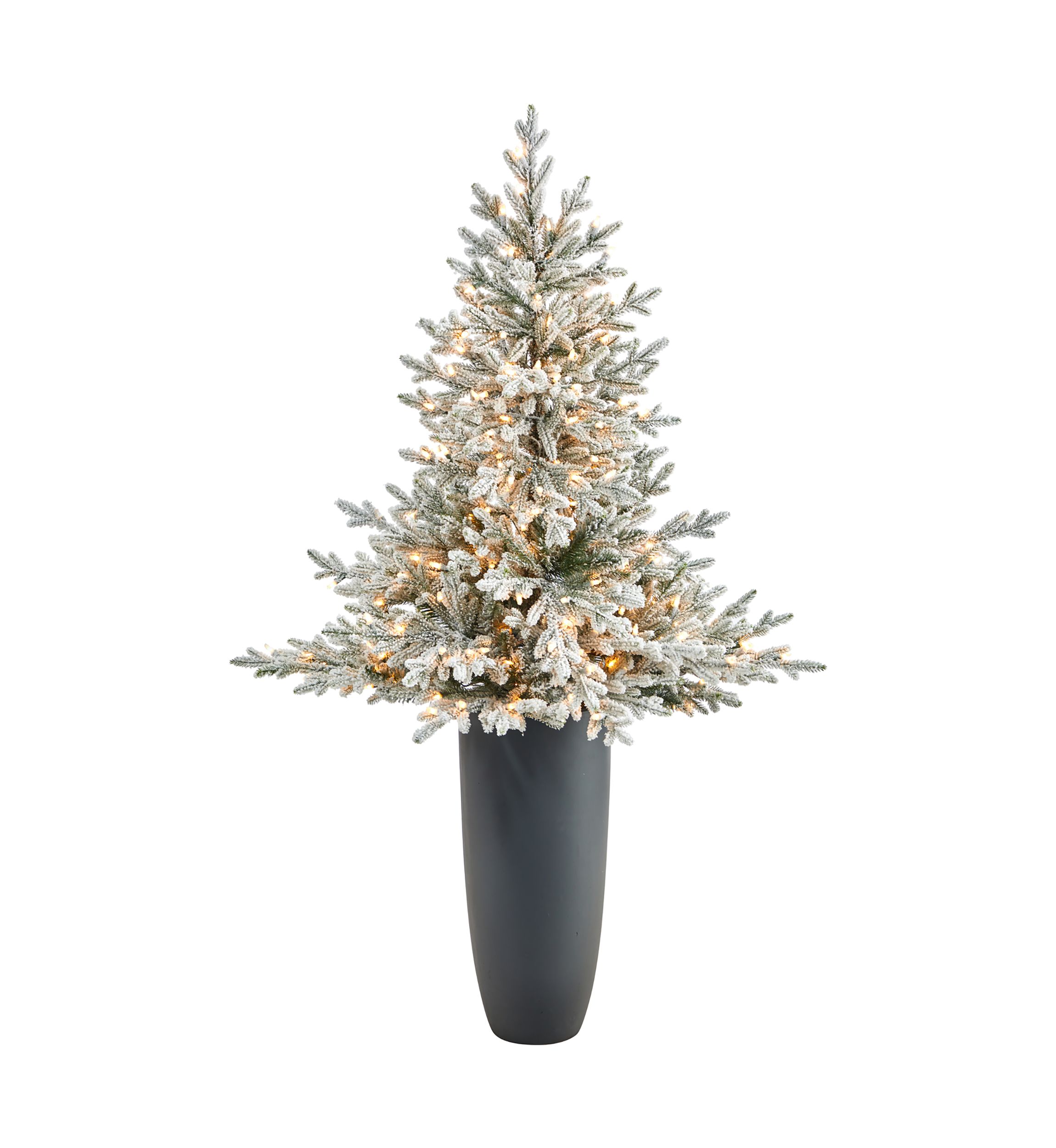 5 Foot Flocked Fraser Fir Artificial Christmas Tree with 300 Warm White Lights and 967 Bendable Branches in Gray Planter