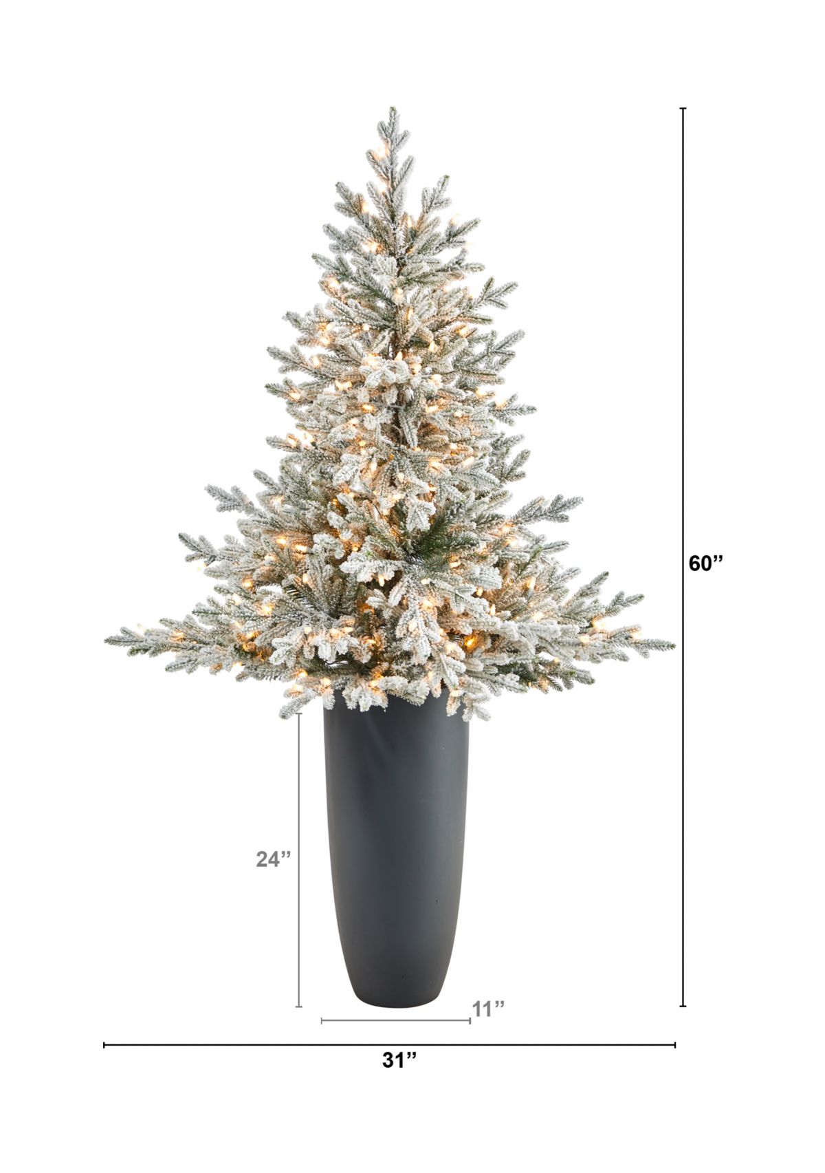 5 Foot Flocked Fraser Fir Artificial Christmas Tree with 300 Warm White Lights and 967 Bendable Branches in Gray Planter