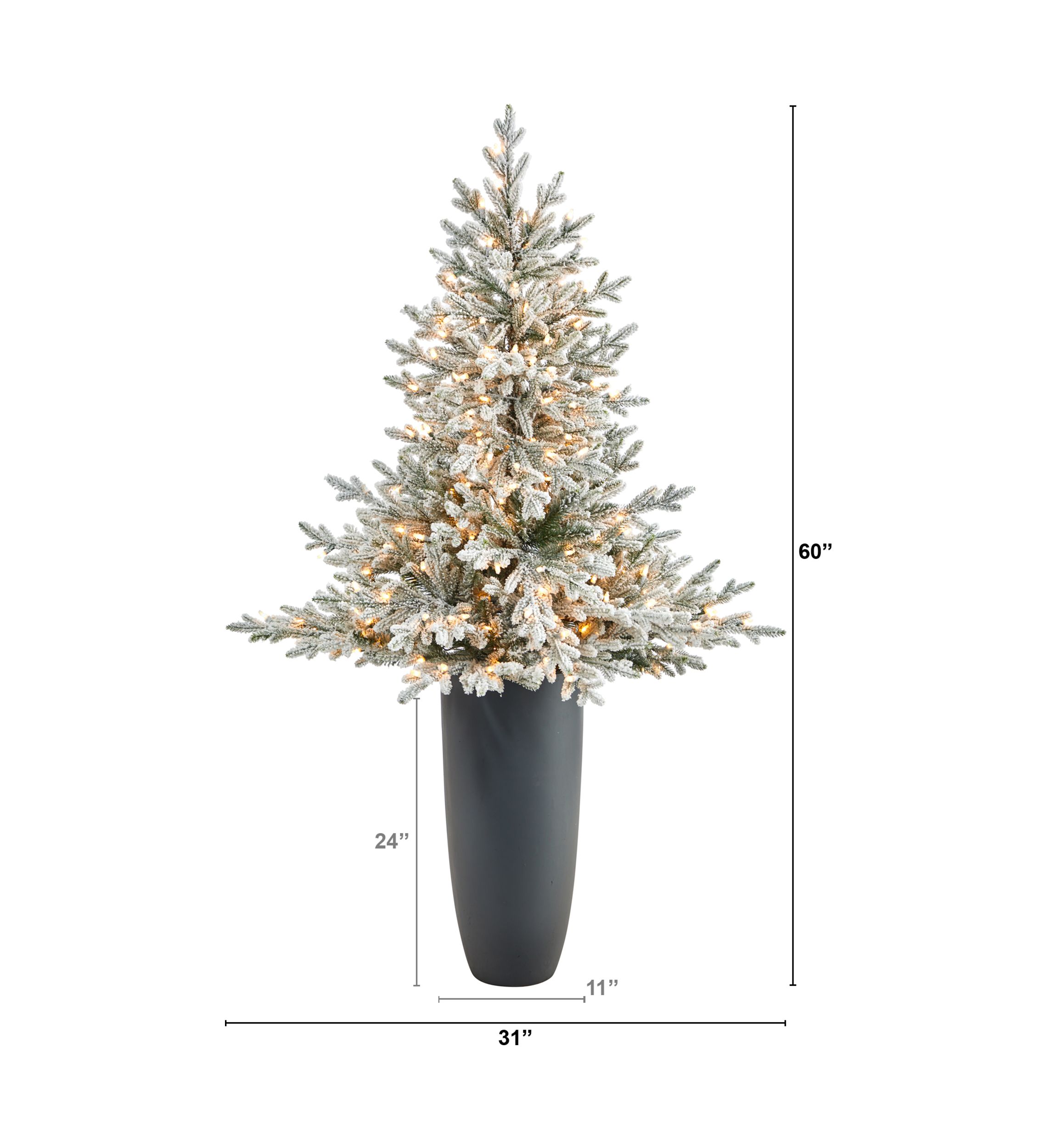 5 Foot Flocked Fraser Fir Artificial Christmas Tree with 300 Warm White Lights and 967 Bendable Branches in Gray Planter