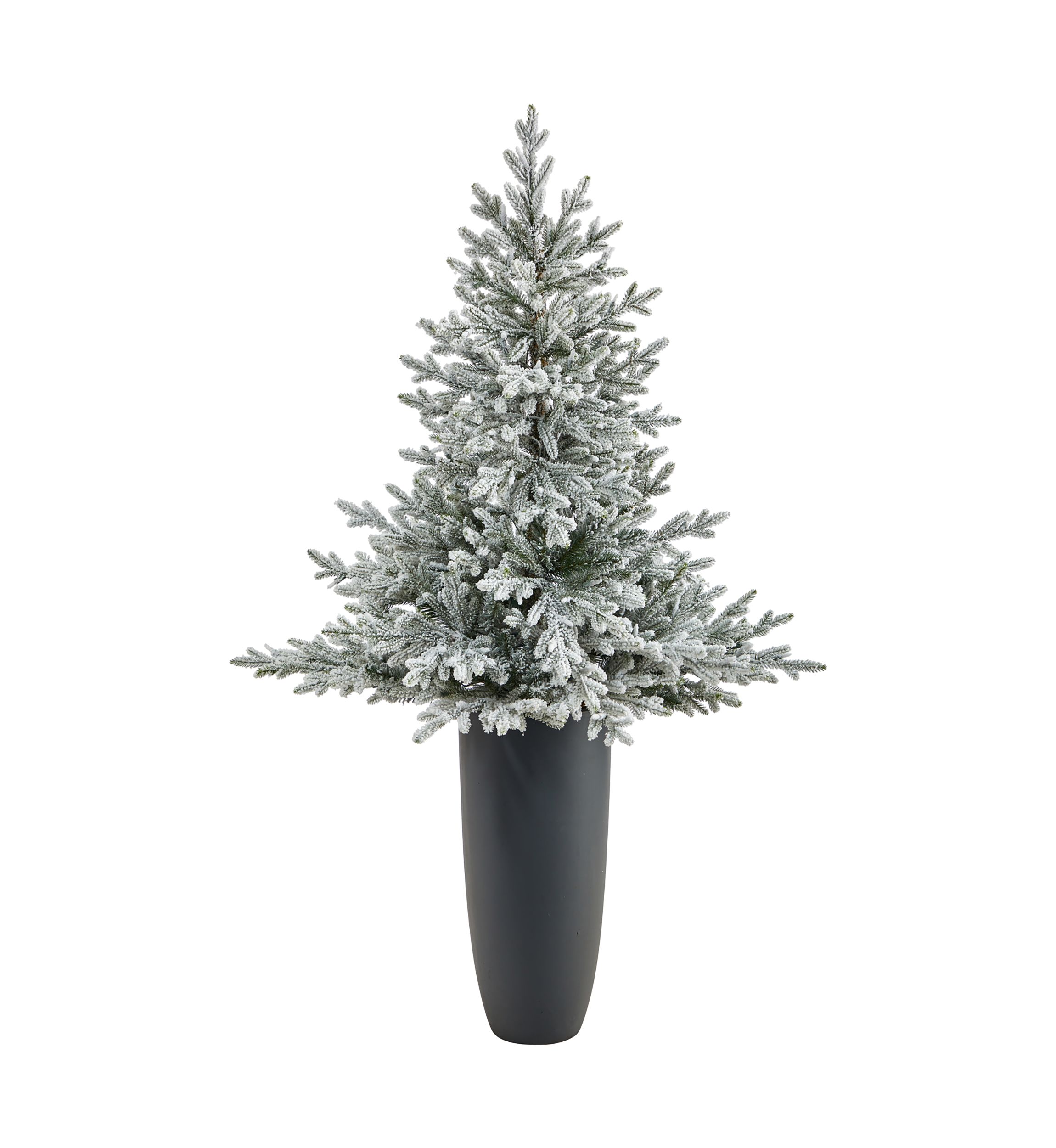5 Foot Flocked Fraser Fir Artificial Christmas Tree with 300 Warm White Lights and 967 Bendable Branches in Gray Planter