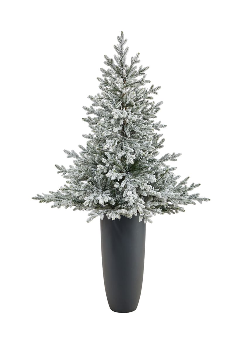 5 Foot Flocked Fraser Fir Artificial Christmas Tree with 300 Warm White Lights and 967 Bendable Branches in Gray Planter
