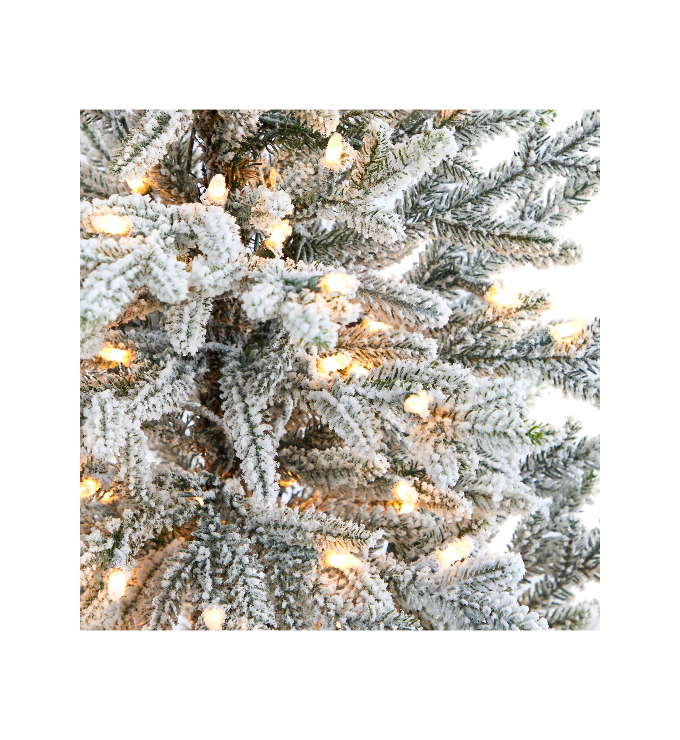 5 Foot Flocked Fraser Fir Artificial Christmas Tree with 300 Warm White Lights and 967 Bendable Branches in Gray Planter
