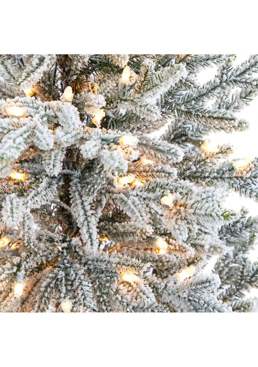 5 Foot Flocked Fraser Fir Artificial Christmas Tree with 300 Warm White Lights and 967 Bendable Branches in Gray Planter