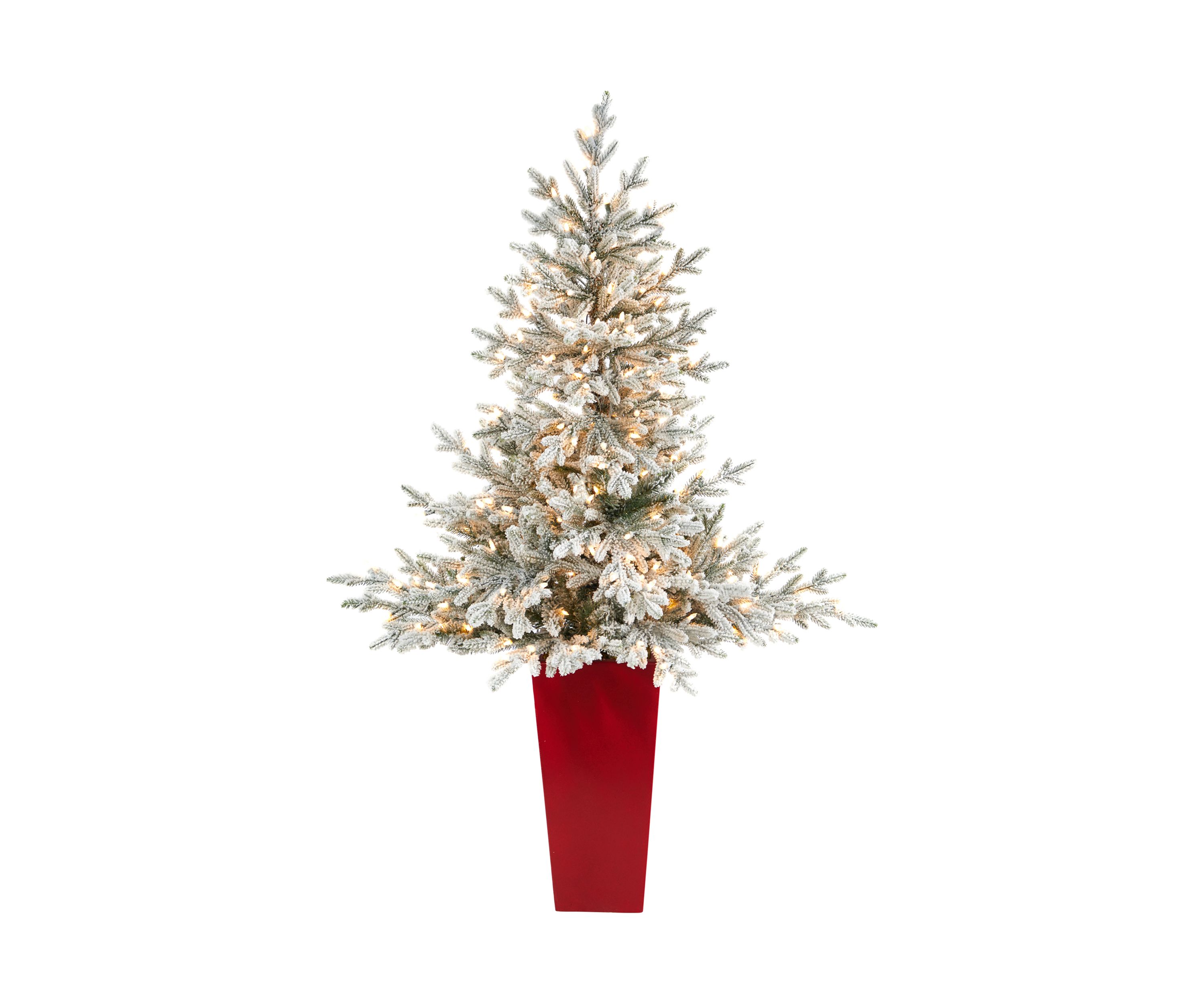 57 Inch Flocked Fraser Fir Artificial Christmas Tree with 300 Warm White Lights and 967 Bendable Branches in Tower Planter