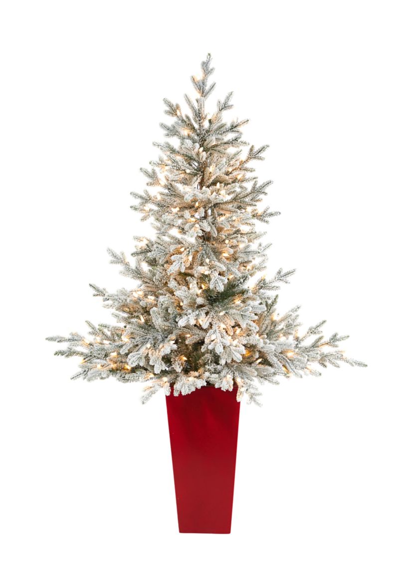 57 Inch Flocked Fraser Fir Artificial Christmas Tree with 300 Warm White Lights and 967 Bendable Branches in Tower Planter