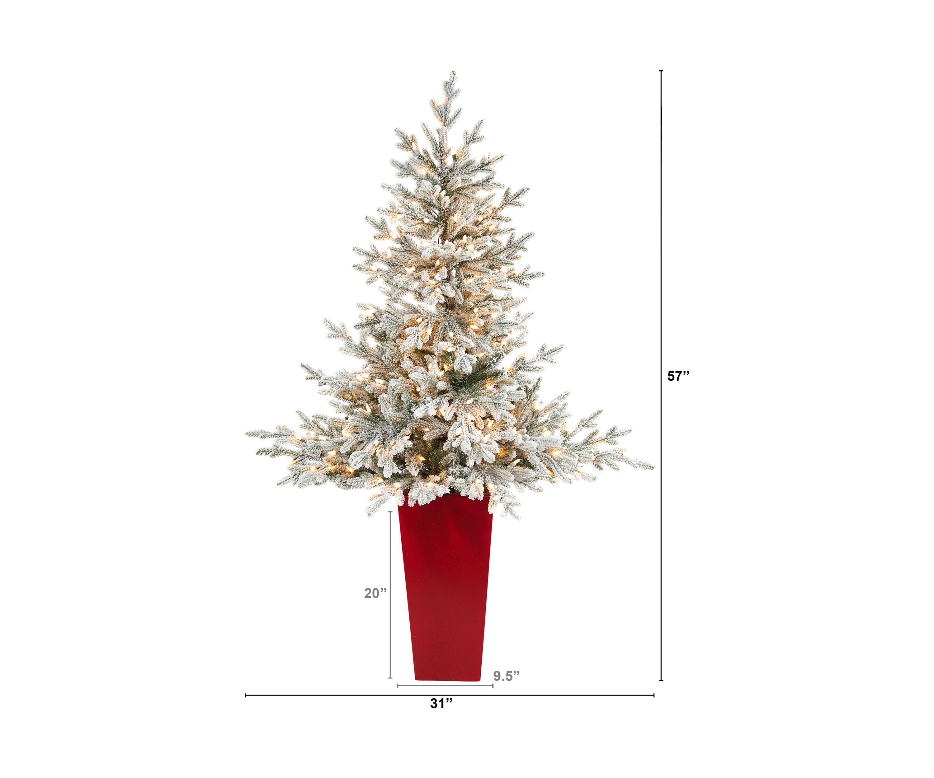 57 Inch Flocked Fraser Fir Artificial Christmas Tree with 300 Warm White Lights and 967 Bendable Branches in Tower Planter
