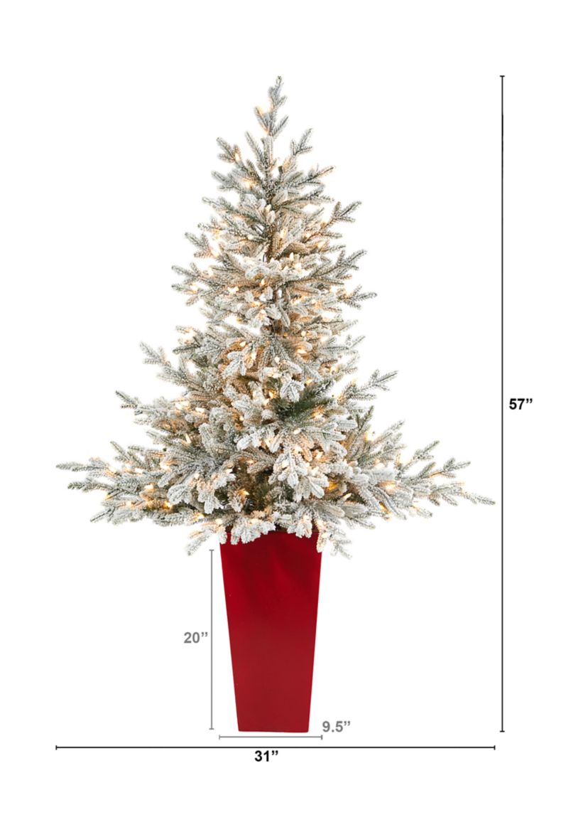 57 Inch Flocked Fraser Fir Artificial Christmas Tree with 300 Warm White Lights and 967 Bendable Branches in Tower Planter