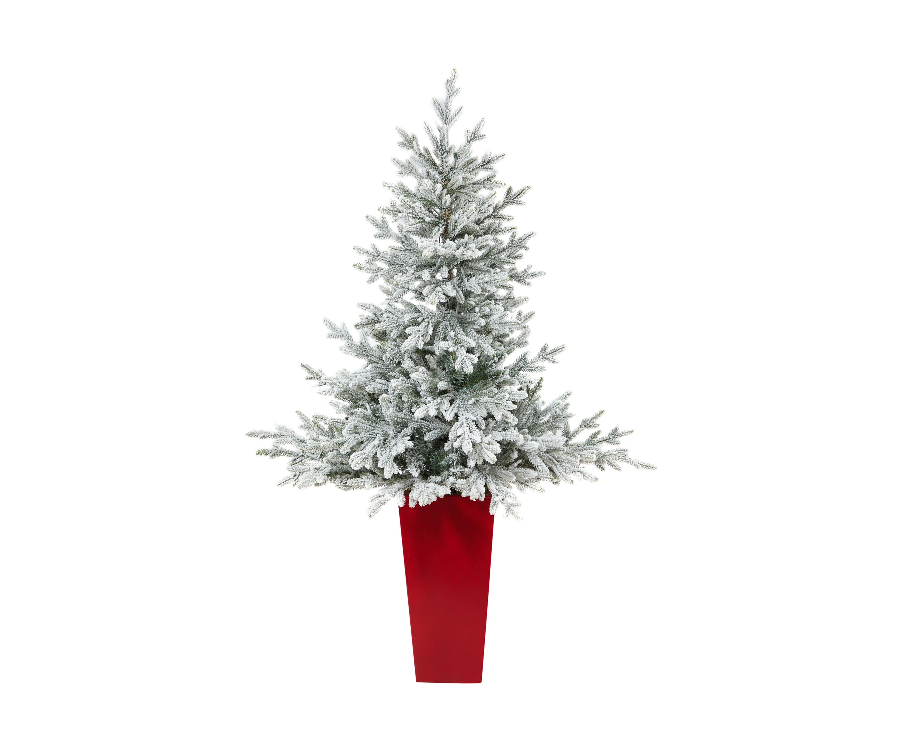 57 Inch Flocked Fraser Fir Artificial Christmas Tree with 300 Warm White Lights and 967 Bendable Branches in Tower Planter