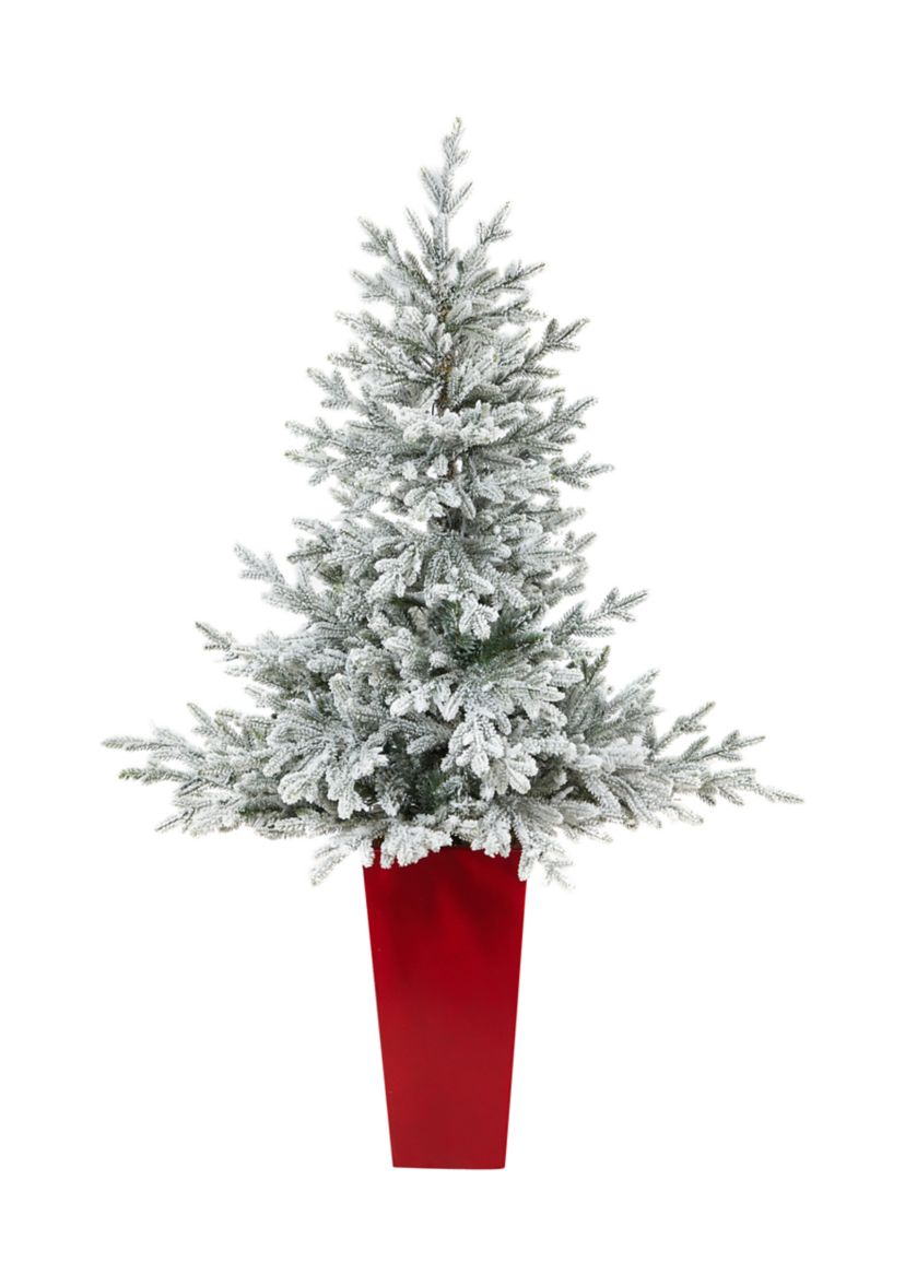 57 Inch Flocked Fraser Fir Artificial Christmas Tree with 300 Warm White Lights and 967 Bendable Branches in Tower Planter