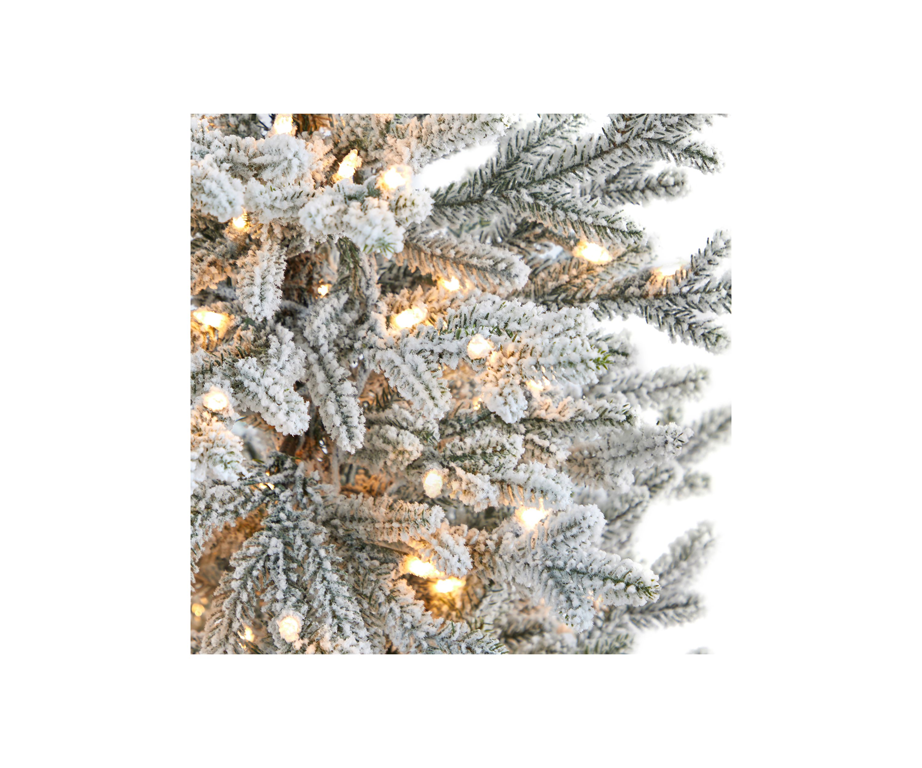 57 Inch Flocked Fraser Fir Artificial Christmas Tree with 300 Warm White Lights and 967 Bendable Branches in Tower Planter