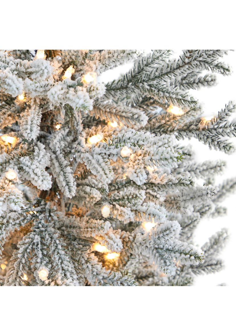 57 Inch Flocked Fraser Fir Artificial Christmas Tree with 300 Warm White Lights and 967 Bendable Branches in Tower Planter