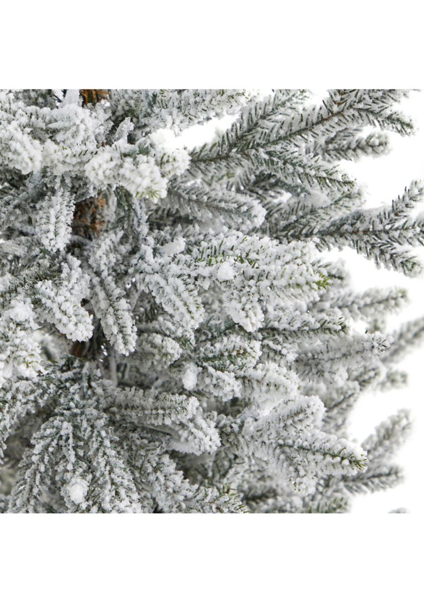 57 Inch Flocked Fraser Fir Artificial Christmas Tree with 300 Warm White Lights and 967 Bendable Branches in Tower Planter