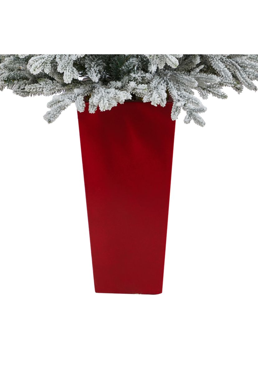 57 Inch Flocked Fraser Fir Artificial Christmas Tree with 300 Warm White Lights and 967 Bendable Branches in Tower Planter