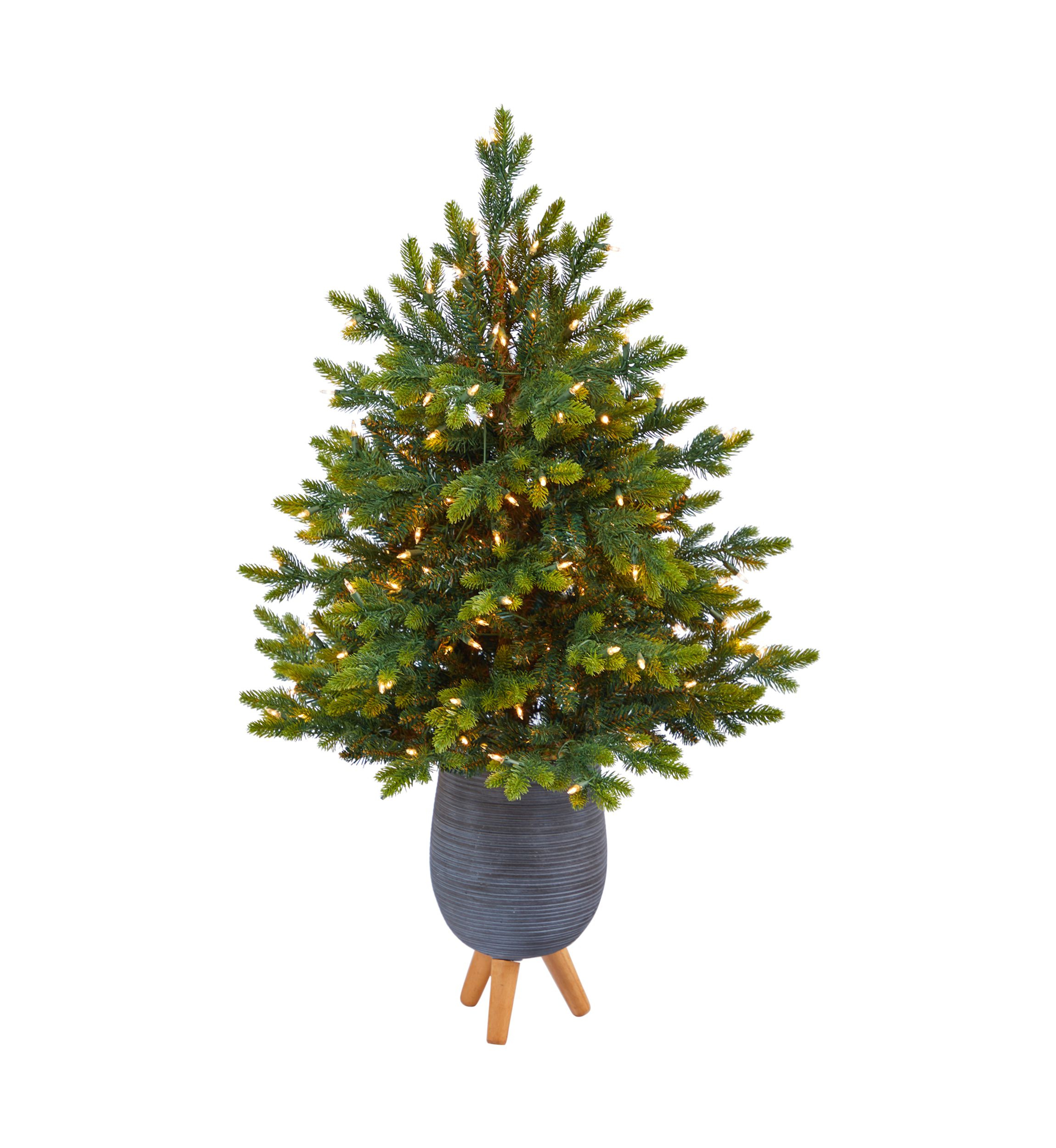 3.5 Foot North Carolina Fir Artificial Christmas Tree with 150 Clear Lights and 563 Bendable Branches in Gray Planter with Stand