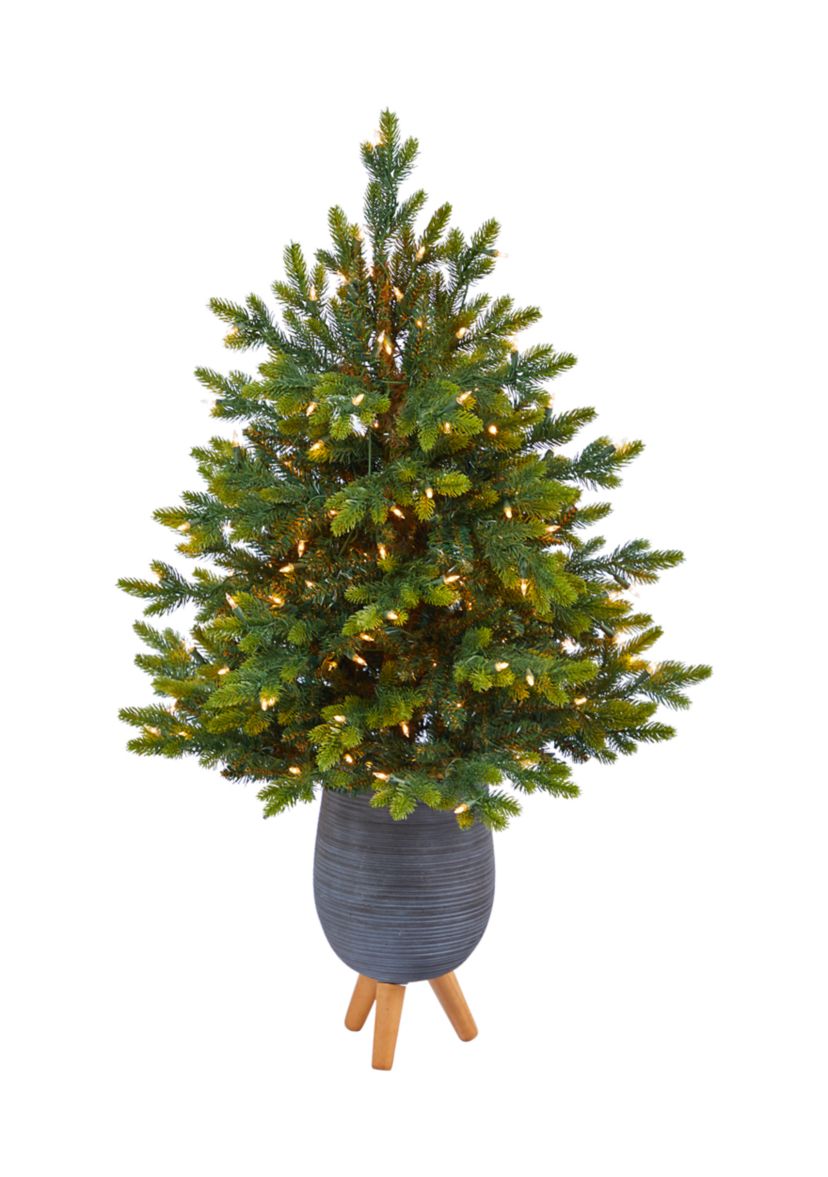 3.5 Foot North Carolina Fir Artificial Christmas Tree with 150 Clear Lights and 563 Bendable Branches in Gray Planter with Stand