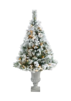 56-Inch Flocked Oregon Pine Artificial Christmas Tree with 100 Clear Lights and 215 Bendable Branches in Decorative Urn