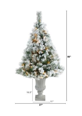 56-Inch Flocked Oregon Pine Artificial Christmas Tree with 100 Clear Lights and 215 Bendable Branches in Decorative Urn