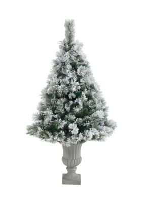 56-Inch Flocked Oregon Pine Artificial Christmas Tree with 100 Clear Lights and 215 Bendable Branches in Decorative Urn