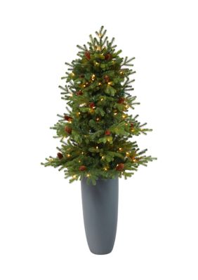 5 Foot Yukon Mountain Fir Artificial Christmas Tree with 100 Clear Lights, Pine Cones and 386 Bendable Branches in Gray Planter