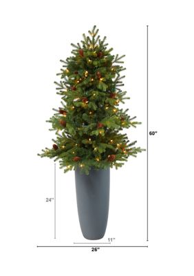 5 Foot Yukon Mountain Fir Artificial Christmas Tree with 100 Clear Lights, Pine Cones and 386 Bendable Branches in Gray Planter