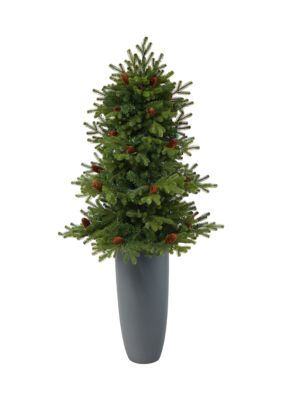 5 Foot Yukon Mountain Fir Artificial Christmas Tree with 100 Clear Lights, Pine Cones and 386 Bendable Branches in Gray Planter