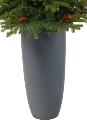 5 Foot Yukon Mountain Fir Artificial Christmas Tree with 100 Clear Lights, Pine Cones and 386 Bendable Branches in Gray Planter