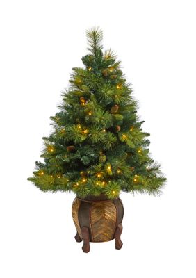 52 Inch North Carolina Mixed Pine Artificial Christmas Tree with 130 Warm White LED Lights, 459 Bendable Branches and Pinecones in Decorative Planter