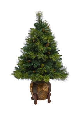 52 Inch North Carolina Mixed Pine Artificial Christmas Tree with 130 Warm White LED Lights, 459 Bendable Branches and Pinecones in Decorative Planter