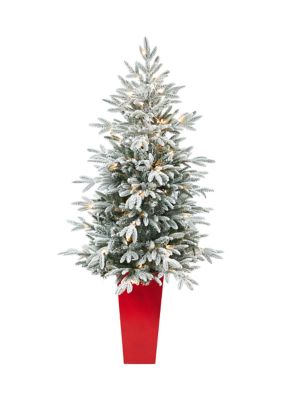 Nearly Natural 5 Foot Flocked Manchester Spruce Artificial Christmas Tree with 100 Lights and 357 Bendable Branches in Red Tower Planter