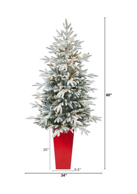 5 Foot Flocked Manchester Spruce Artificial Christmas Tree with 100 Lights and 357 Bendable Branches in Red Tower Planter