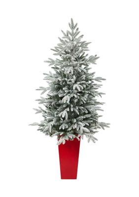 5 Foot Flocked Manchester Spruce Artificial Christmas Tree with 100 Lights and 357 Bendable Branches in Red Tower Planter