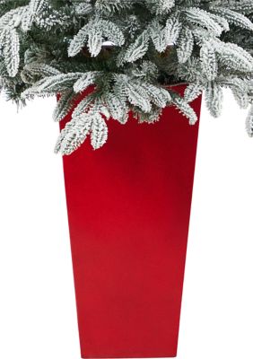 5 Foot Flocked Manchester Spruce Artificial Christmas Tree with 100 Lights and 357 Bendable Branches in Red Tower Planter