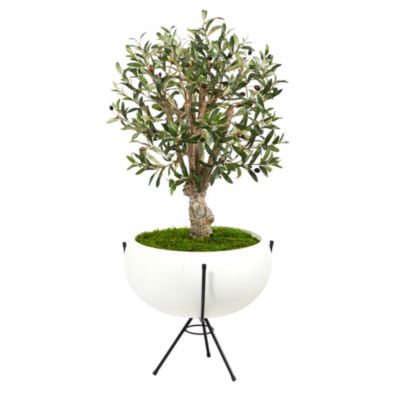 Nearly Natural 3-Foot Olive Artificial Tree in White Planter with Metal Stand, Green