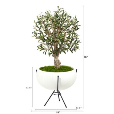 3-Foot Olive Artificial Tree in White Planter with Metal Stand