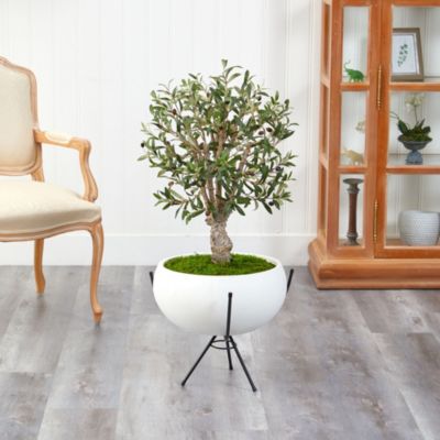 3-Foot Olive Artificial Tree in White Planter with Metal Stand