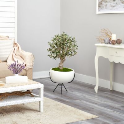 3-Foot Olive Artificial Tree in White Planter with Metal Stand